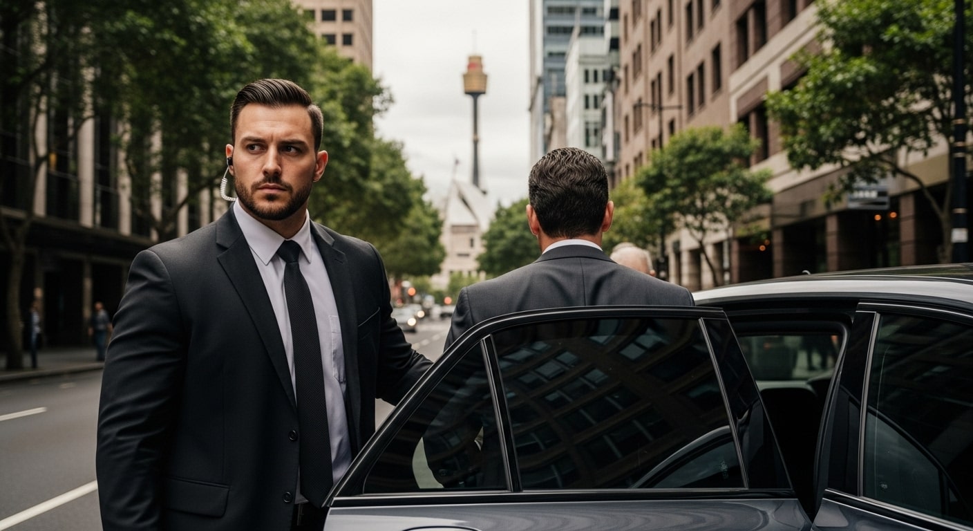 Personal bodyguard escorting a VIP to a secure vehicle outside a Sydney hotel.