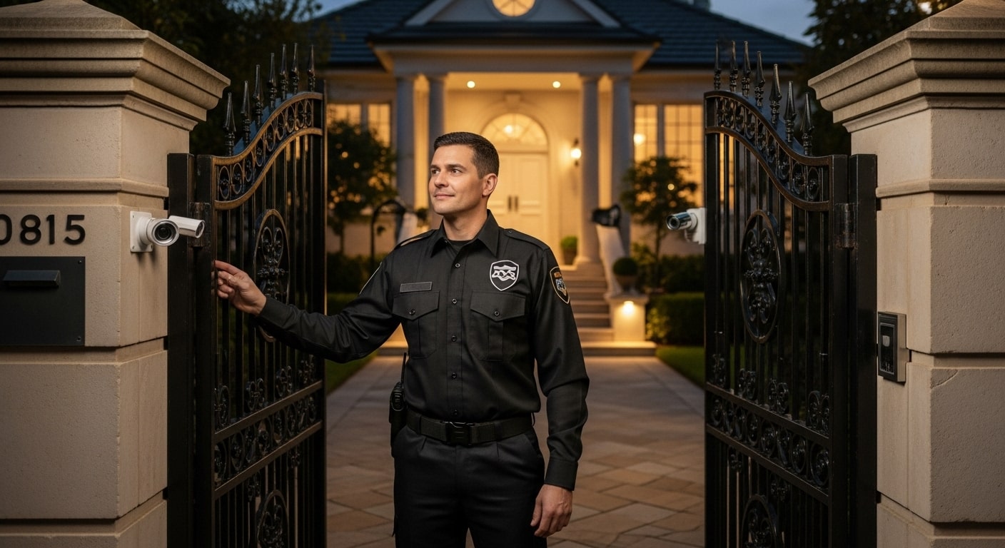 Private security guard monitoring a residential entrance with CCTV screens in background.