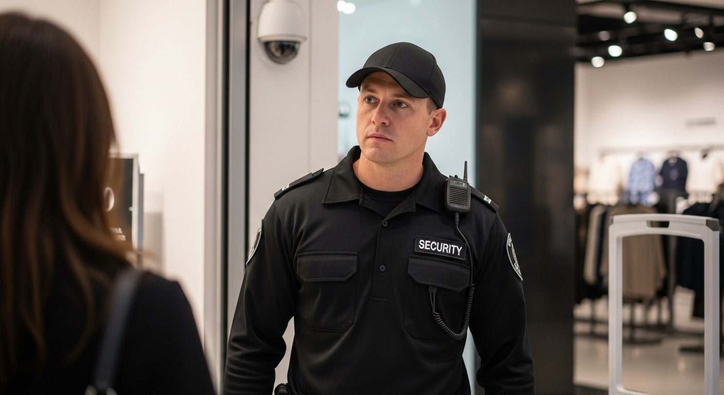 Loss prevention officer watching customers inside a busy Sydney shopping mall.