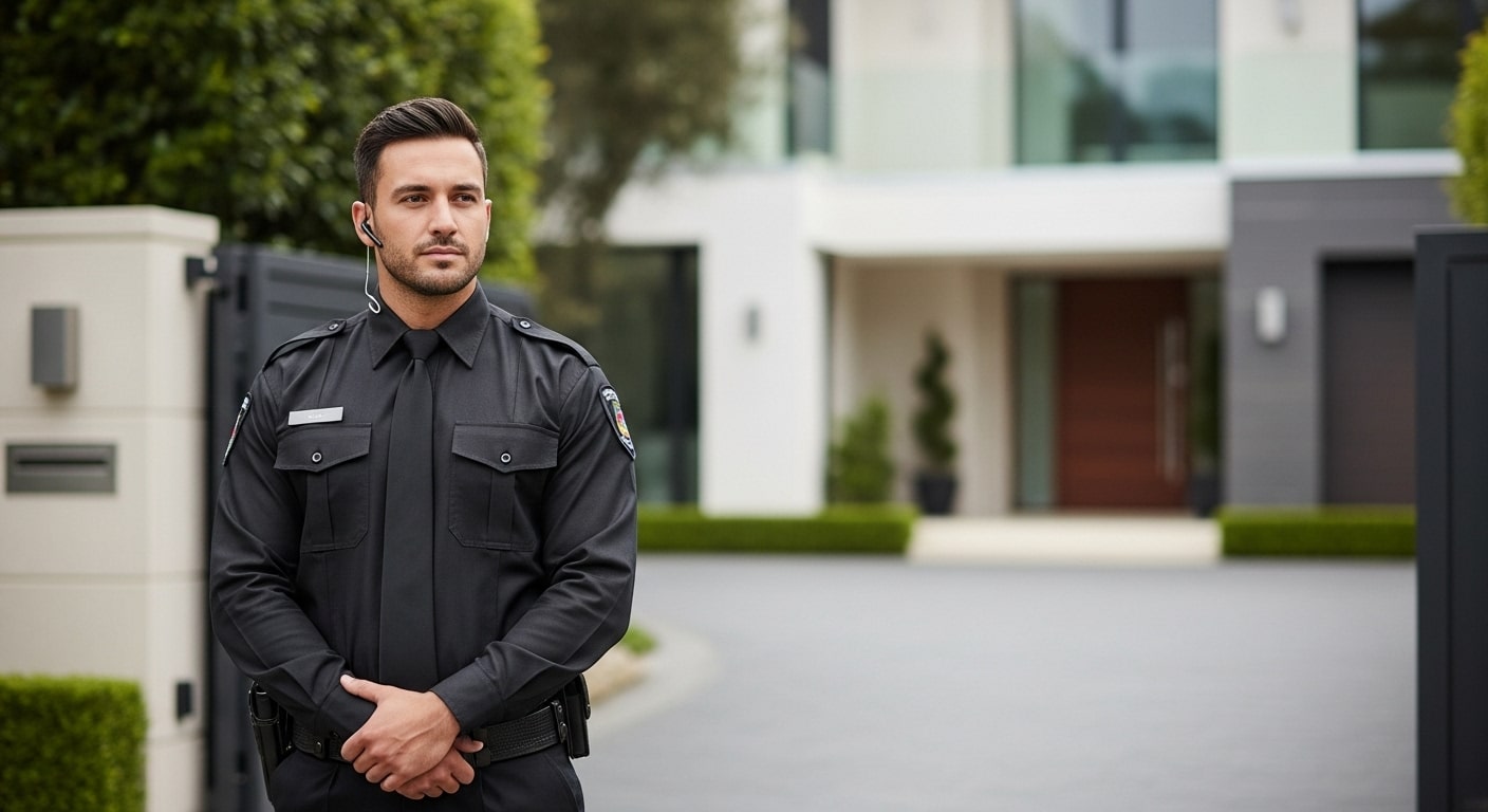 Professional Residential Security Guard Hire Sydney at modern home entrance with black uniform and earpiece.